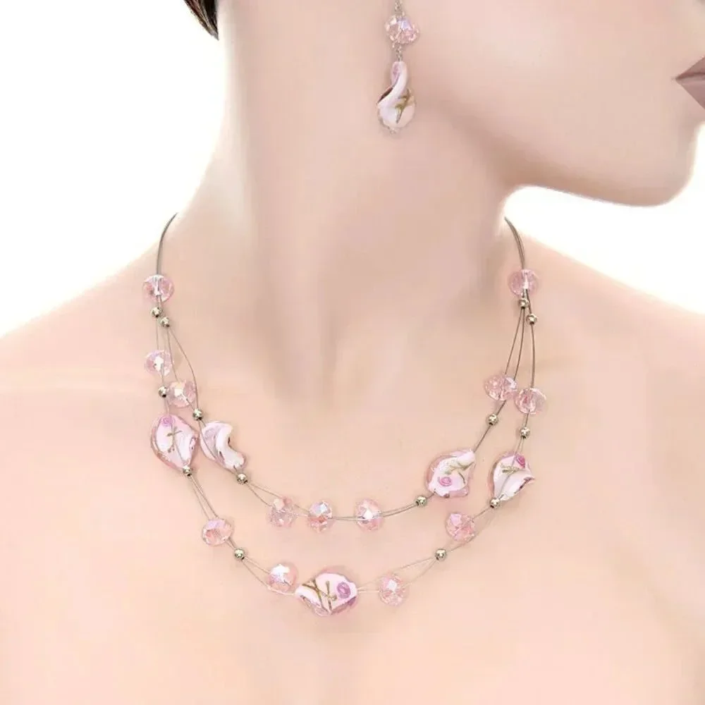Pink Murano Glass and beaded Double stranded Necklace with matching Earring Set